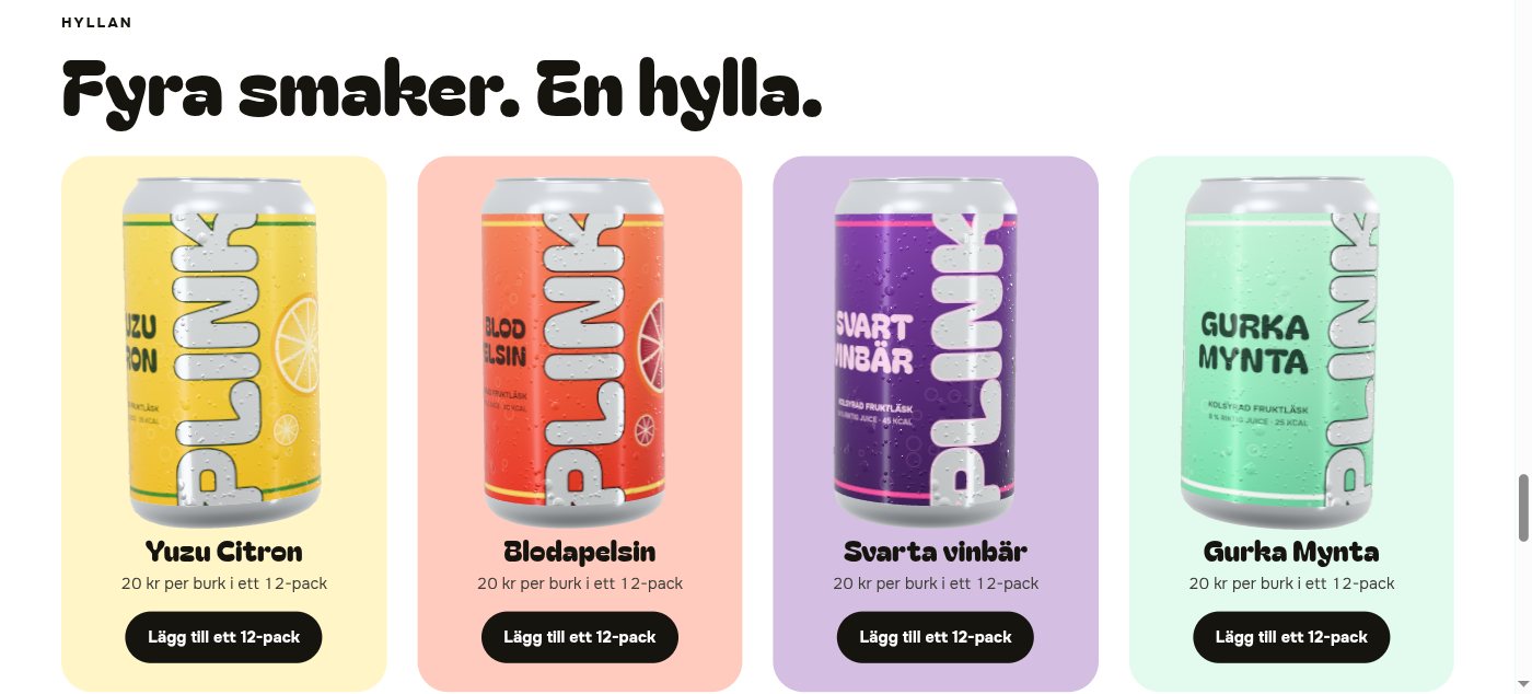 Plink konceptsajt, hyllan med fyra smaker